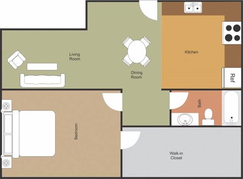 A floor plan of a house with a living room, dining room, kitchen, bedroom, bathroom, and walk-in closet.